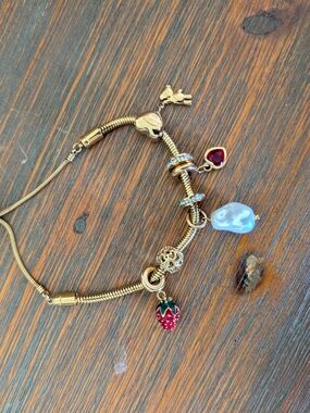 Gold Tone Charm Bracelet with Red Strawberry & Heart Charms (New)